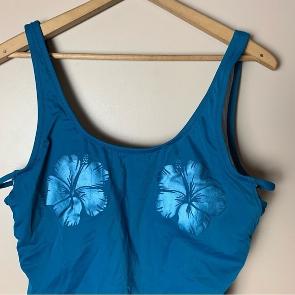 [PINK Victoria's Secret] Teal Blue Scoop Back Hibiscus One Piece Swimsuit - Picture 2 of 8